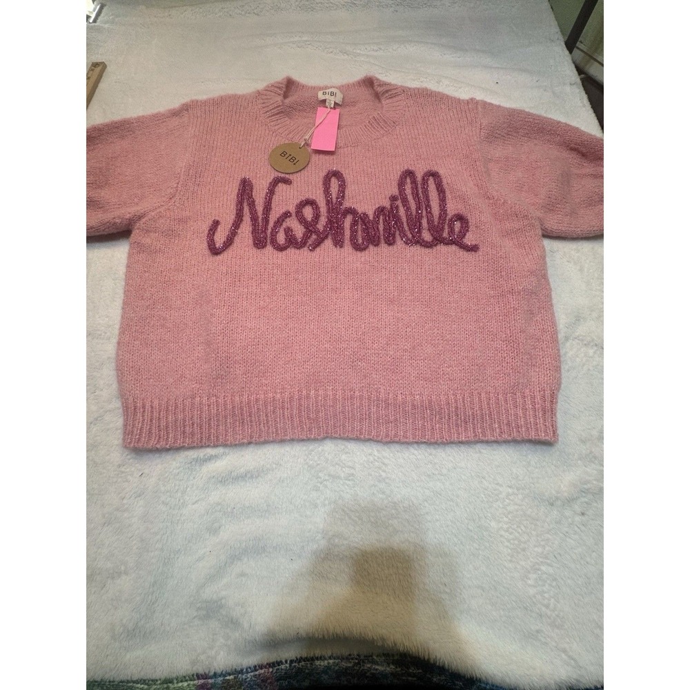 BiBi NWT Pink Puff Sleeve Sweater Wool Nashville Sparkle Embroidered L Girlcore